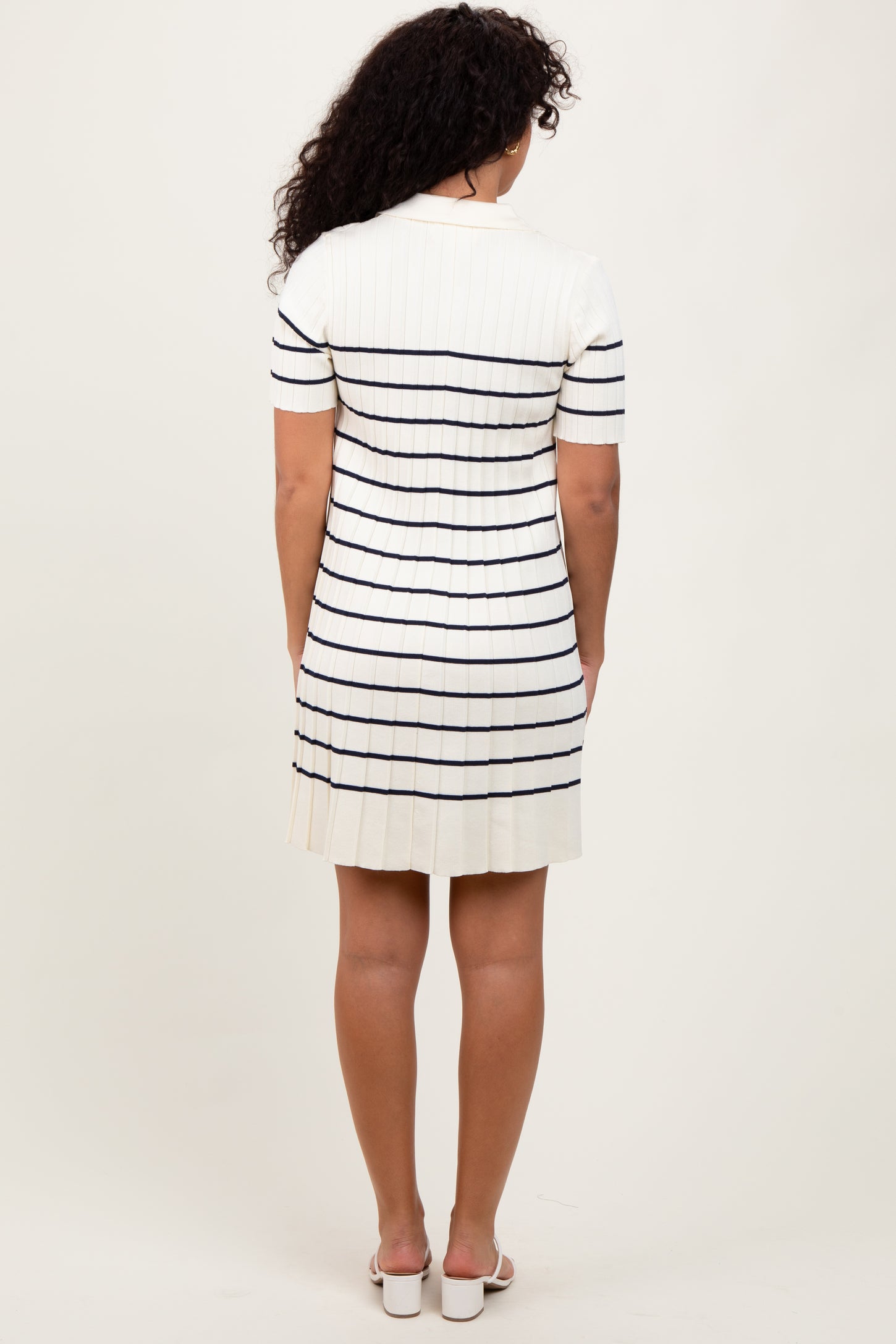 White Striped Knit Collared Pleated Dress