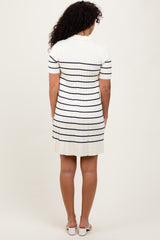 White Striped Knit Collared Pleated Dress