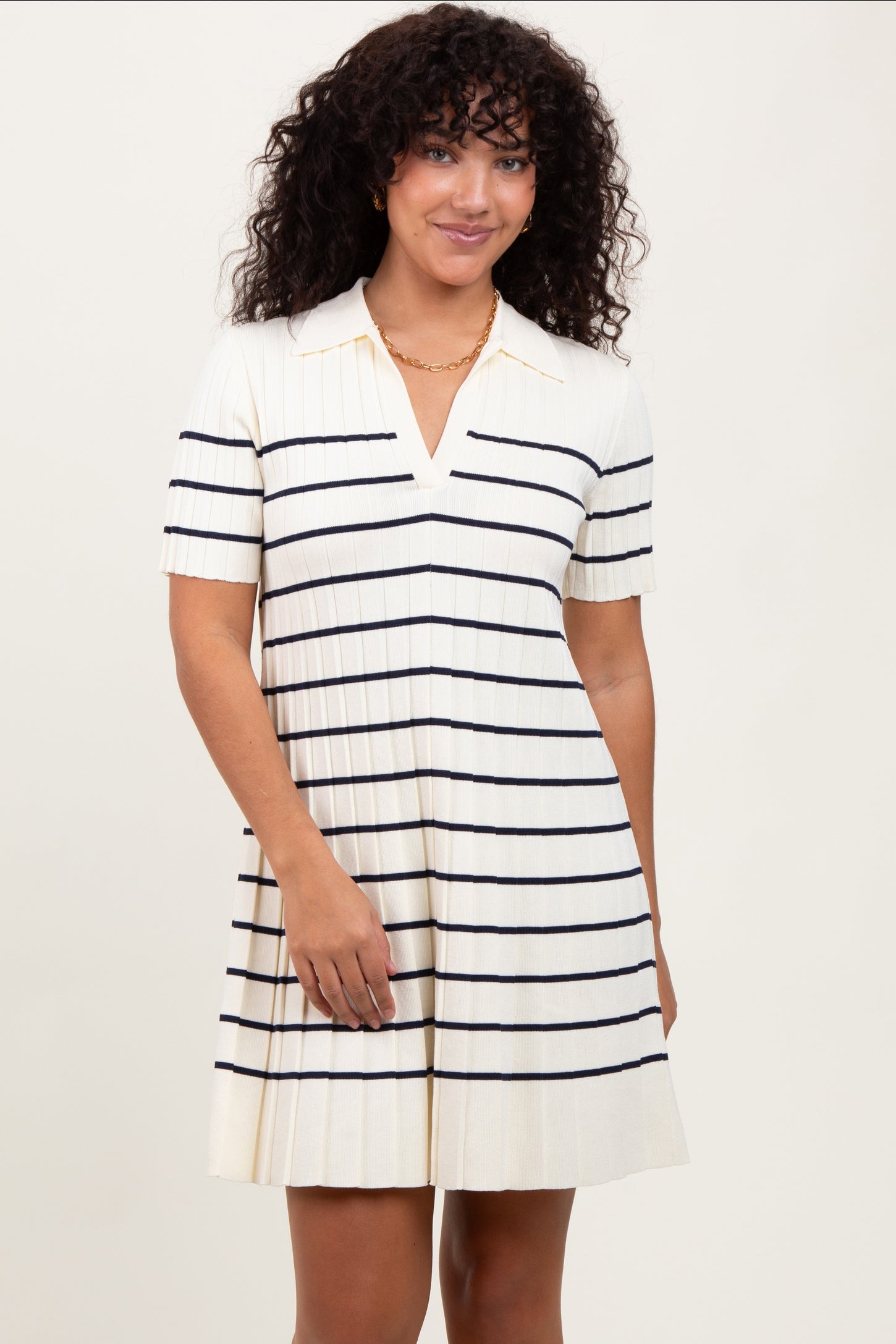 White Striped Knit Collared Pleated Dress