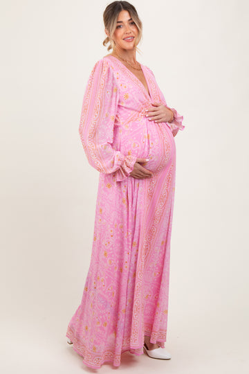 Pink Paisley Deep V-Neck Long Sleeve Maternity Maxi Dress