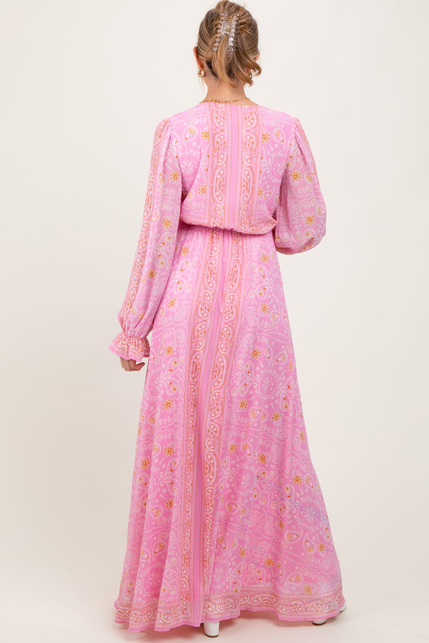 Pink Paisley Deep V-Neck Long Sleeve Maternity Maxi Dress Pink Paisley Deep V-Neck Long Sleeve Maternity Maxi Dress