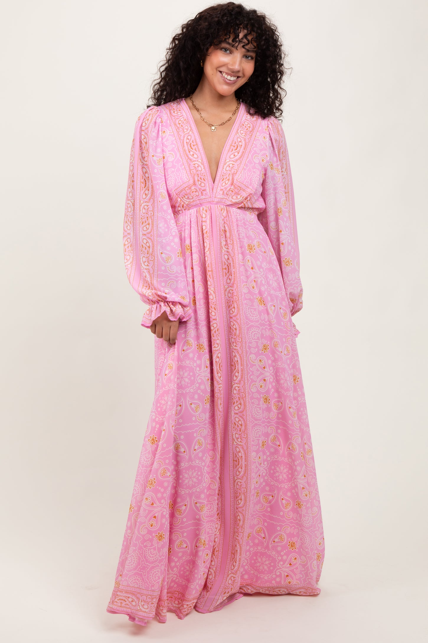 Pink Paisley Deep V-Neck Long Sleeve Maternity Maxi Dress