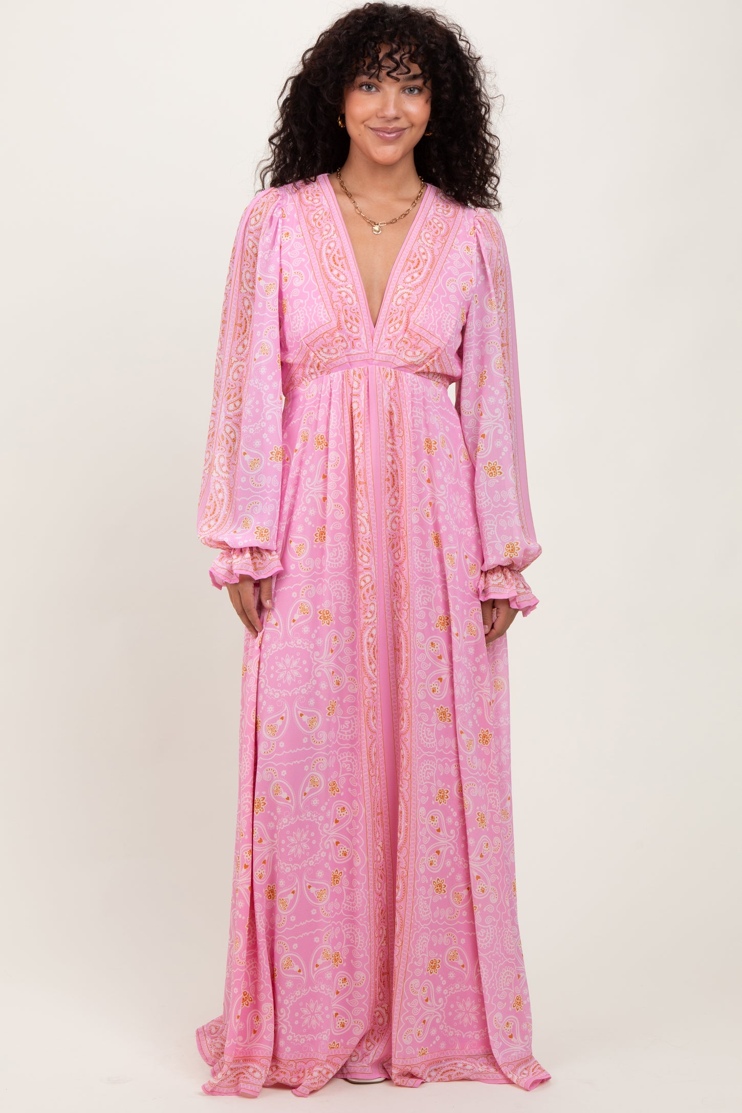 Pink Paisley Deep V-Neck Long Sleeve Maxi Dress
