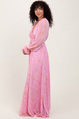 Pink Paisley Deep V-Neck Long Sleeve Maxi Dress