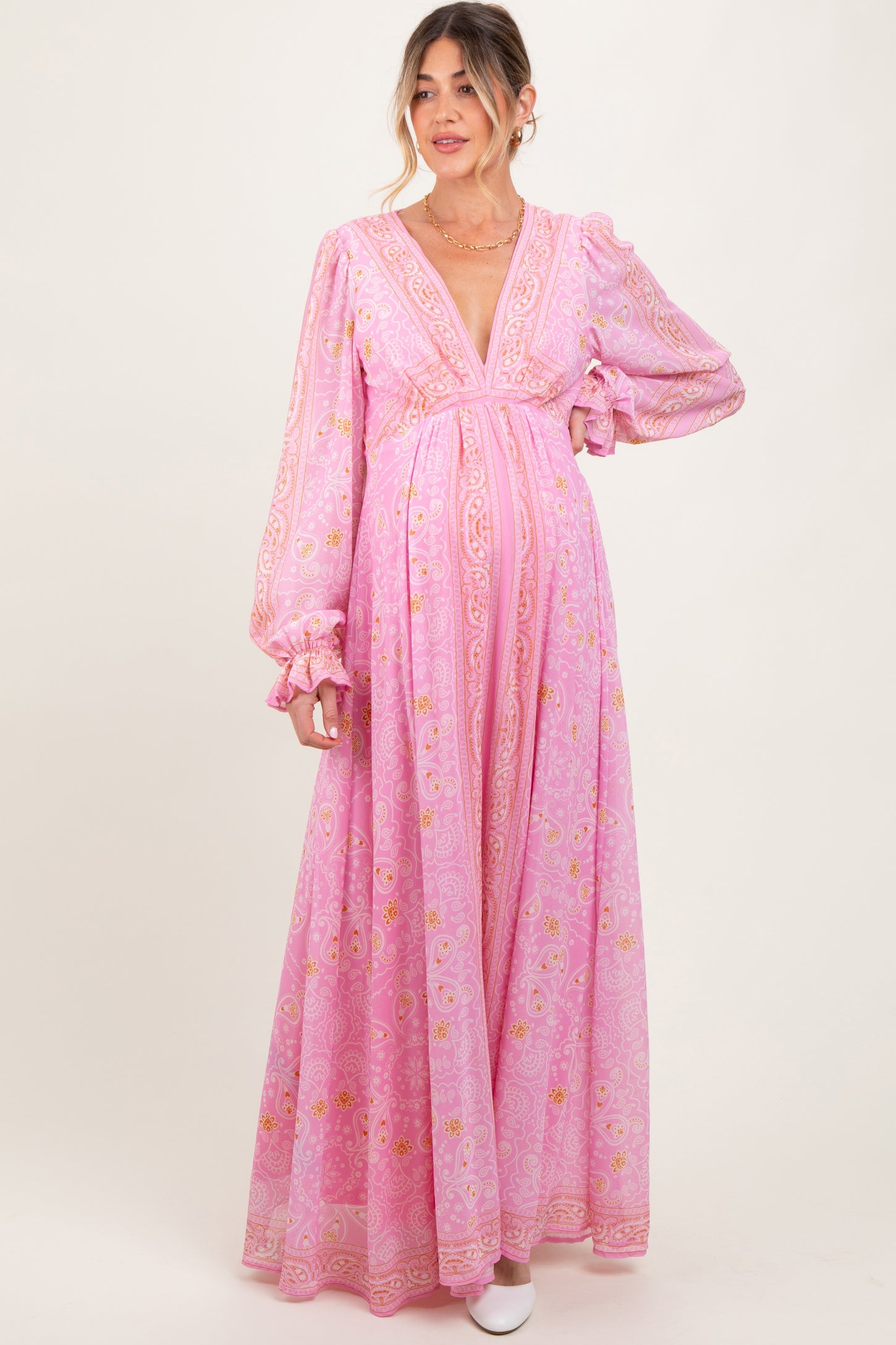 Pink Paisley Deep V-Neck Long Sleeve Maternity Maxi Dress