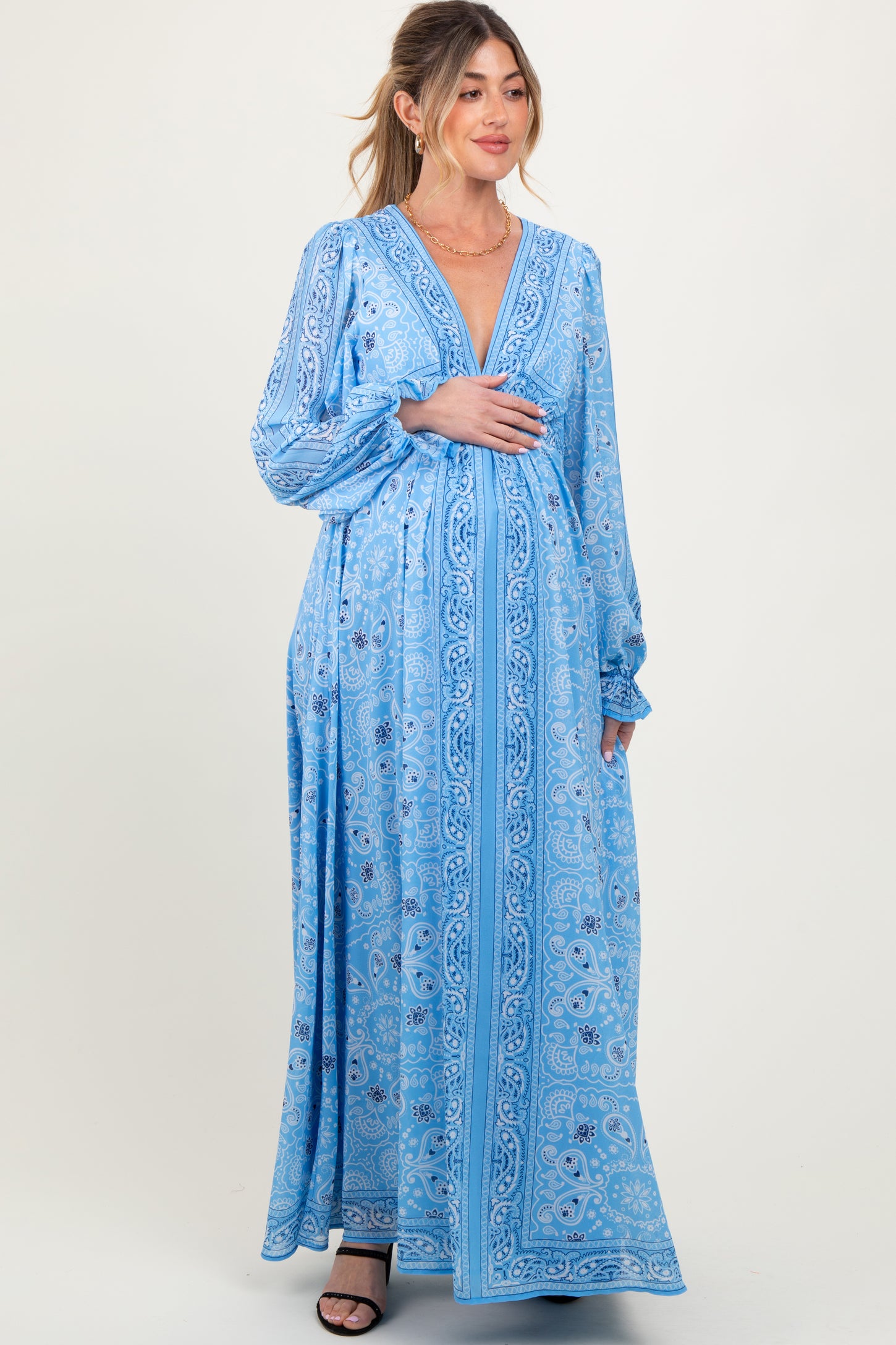 Light Blue Paisley Deep V-Neck Long Sleeve Maternity Maxi Dress – PinkBlush