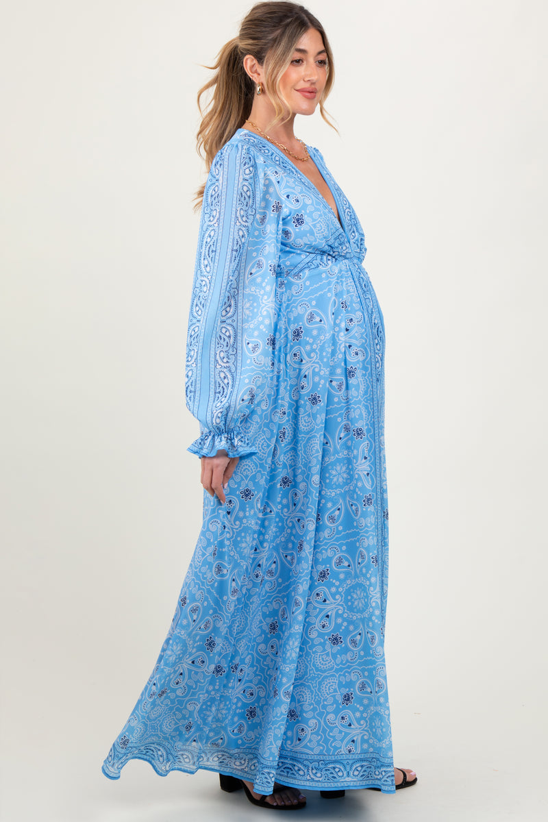 Light Blue Paisley Deep V-Neck Long Sleeve Maternity Maxi Dress – PinkBlush