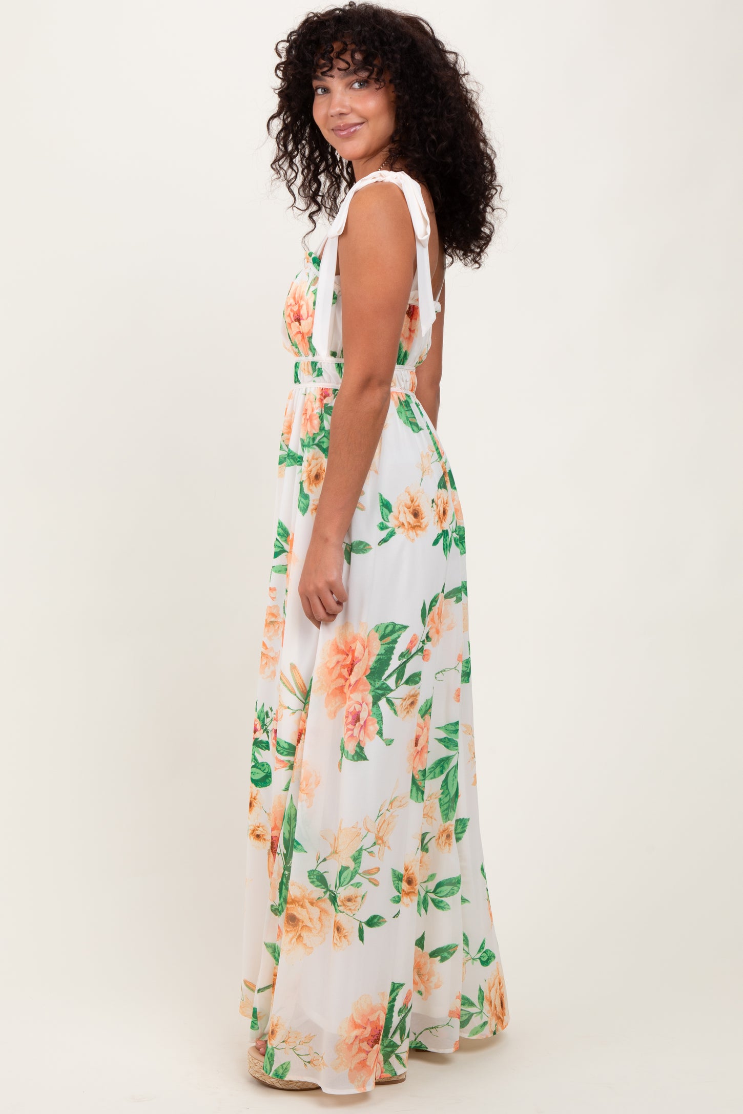 Peach Tropical Floral Shoulder Tie Maxi Dress