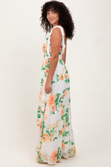 Peach Tropical Floral Shoulder Tie Maxi Dress