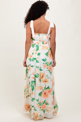 Peach Tropical Floral Shoulder Tie Maxi Dress