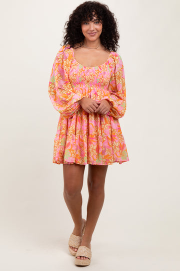 Pink Floral Smocked Bubble Sleeve Dress