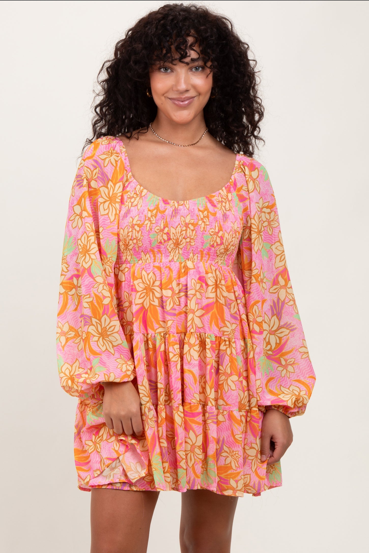 Pink Floral Smocked Bubble Sleeve Dress