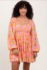 Pink Floral Smocked Bubble Sleeve Maternity Dress