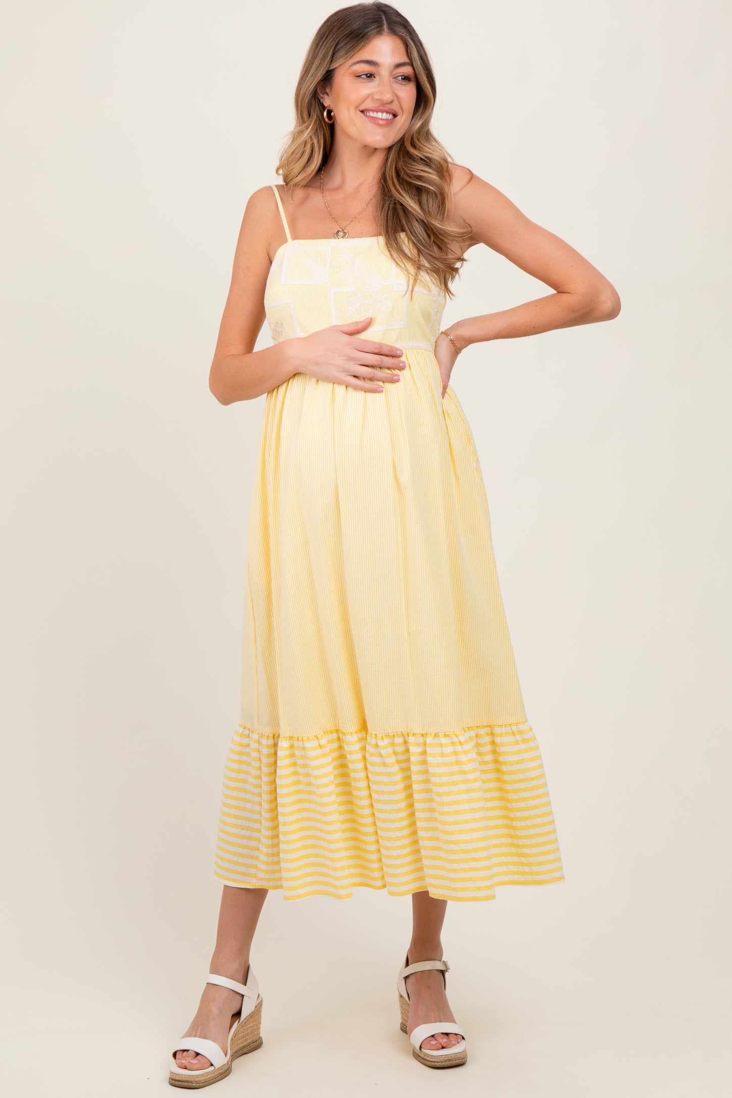 Yellow Embroidered Striped Colorblock Maternity Midi Dress – PinkBlush