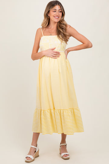 Yellow Embroidered Striped Colorblock Maternity Midi Dress