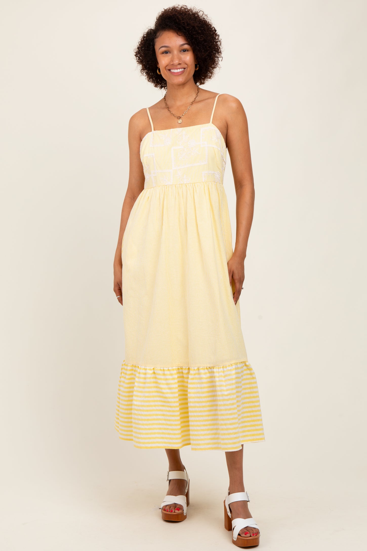 Yellow Embroidered Striped Colorblock Midi Dress