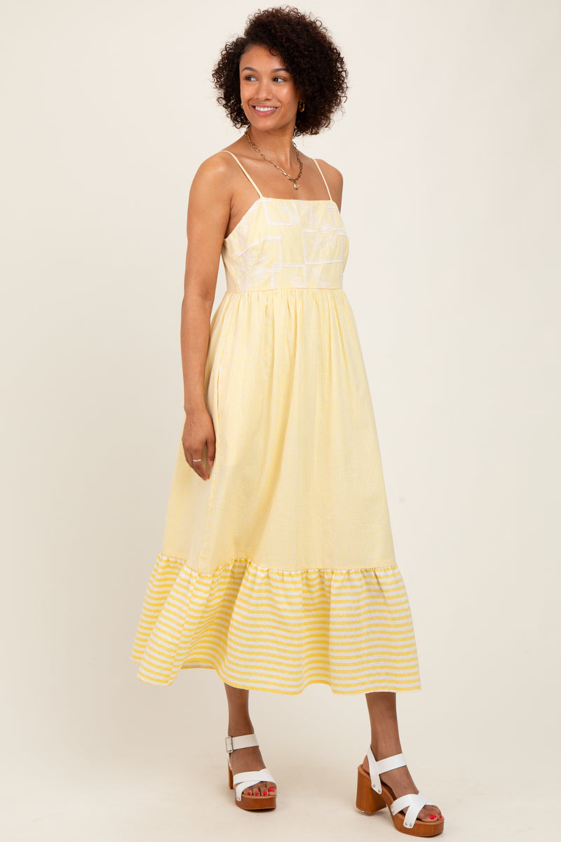 Yellow Embroidered Striped Colorblock Midi Dress  PinkBlush