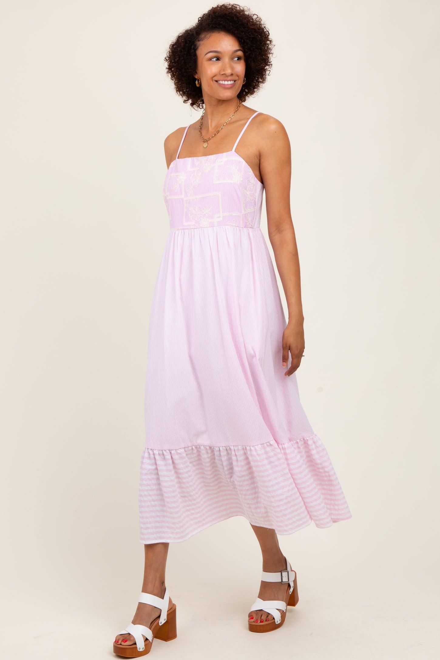 Light Pink Embroidered Striped Colorblock Midi Dress – PinkBlush Light Pink Embroidered Striped Colorblock Midi Dress – PinkBlush