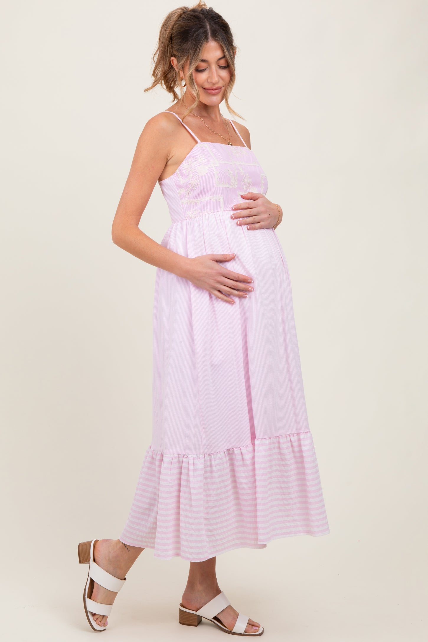 Light Pink Embroidered Striped Colorblock Maternity Midi Dress