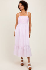 Light Pink Embroidered Striped Colorblock Maternity Midi Dress
