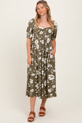 Olive Floral Sweetheart Neckline Maternity Midi Dress