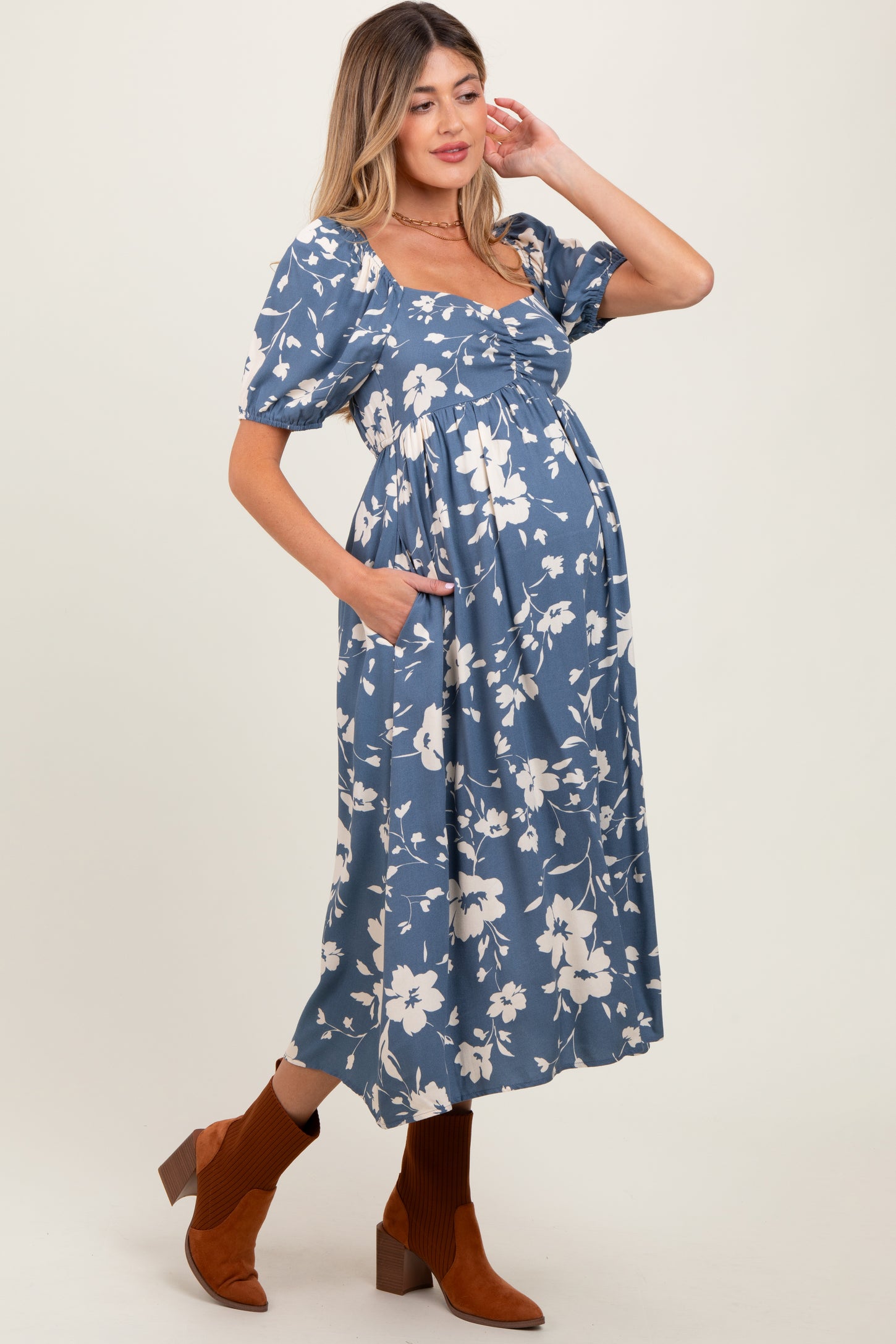 navy floral sweetheart neck midi dress Navy Blue Sweetheart Neck Midi Dress | Feminine & Flattering