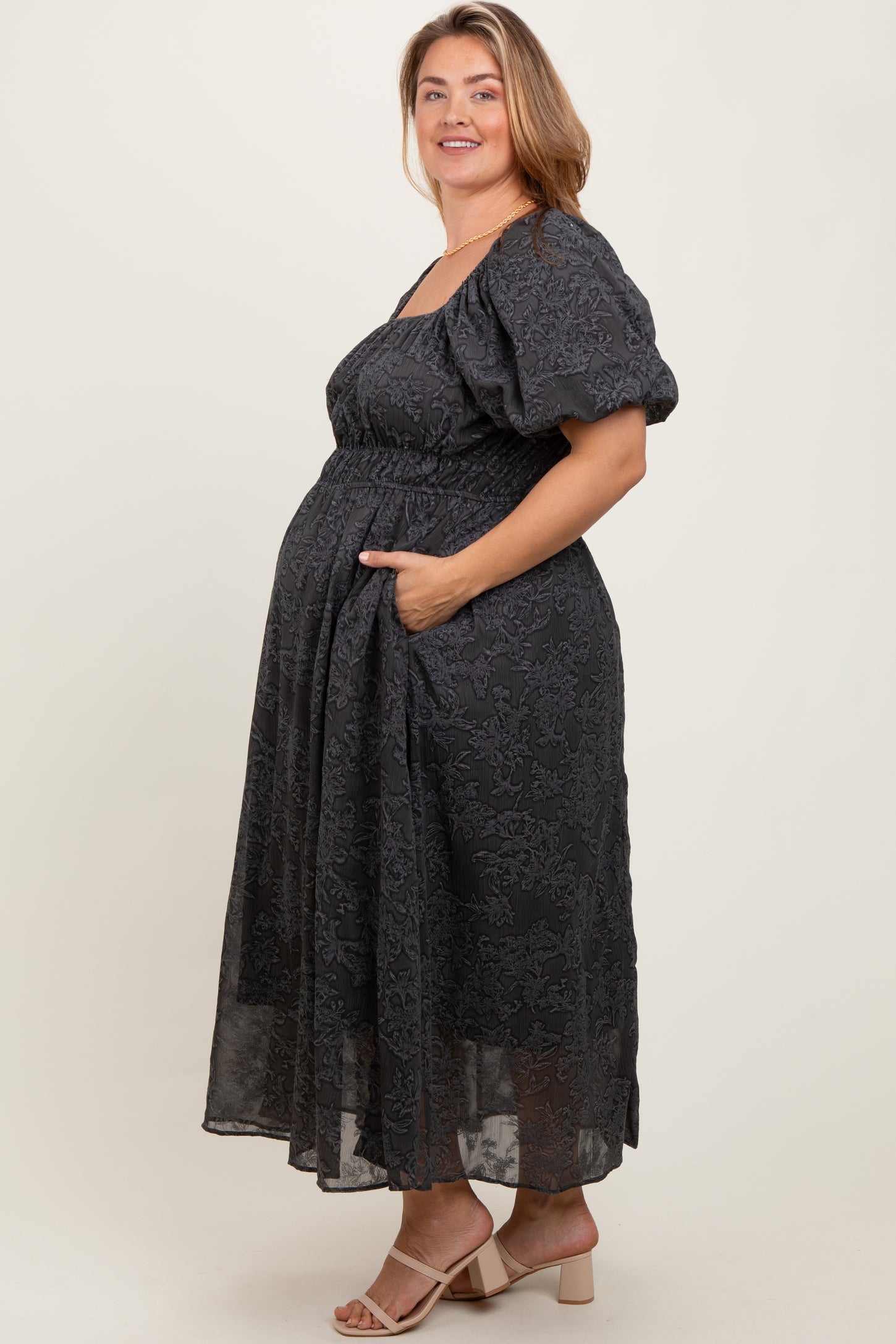 Charcoal Floral Square Neck Bubble Sleeve Maternity Plus Midi Dress PinkBlush Charcoal Floral Square Neck Bubble Sleeve Maternity Plus Midi Dress PinkBlush