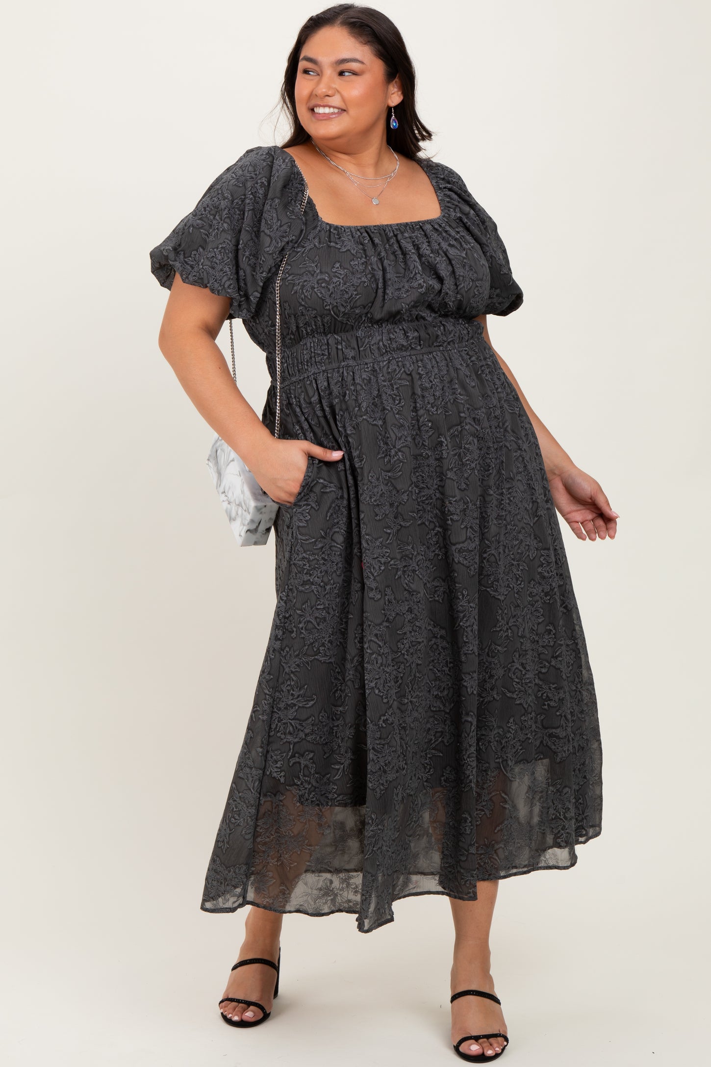 Charcoal Floral Square Neck Bubble Sleeve Plus Midi Dress – PinkBlush