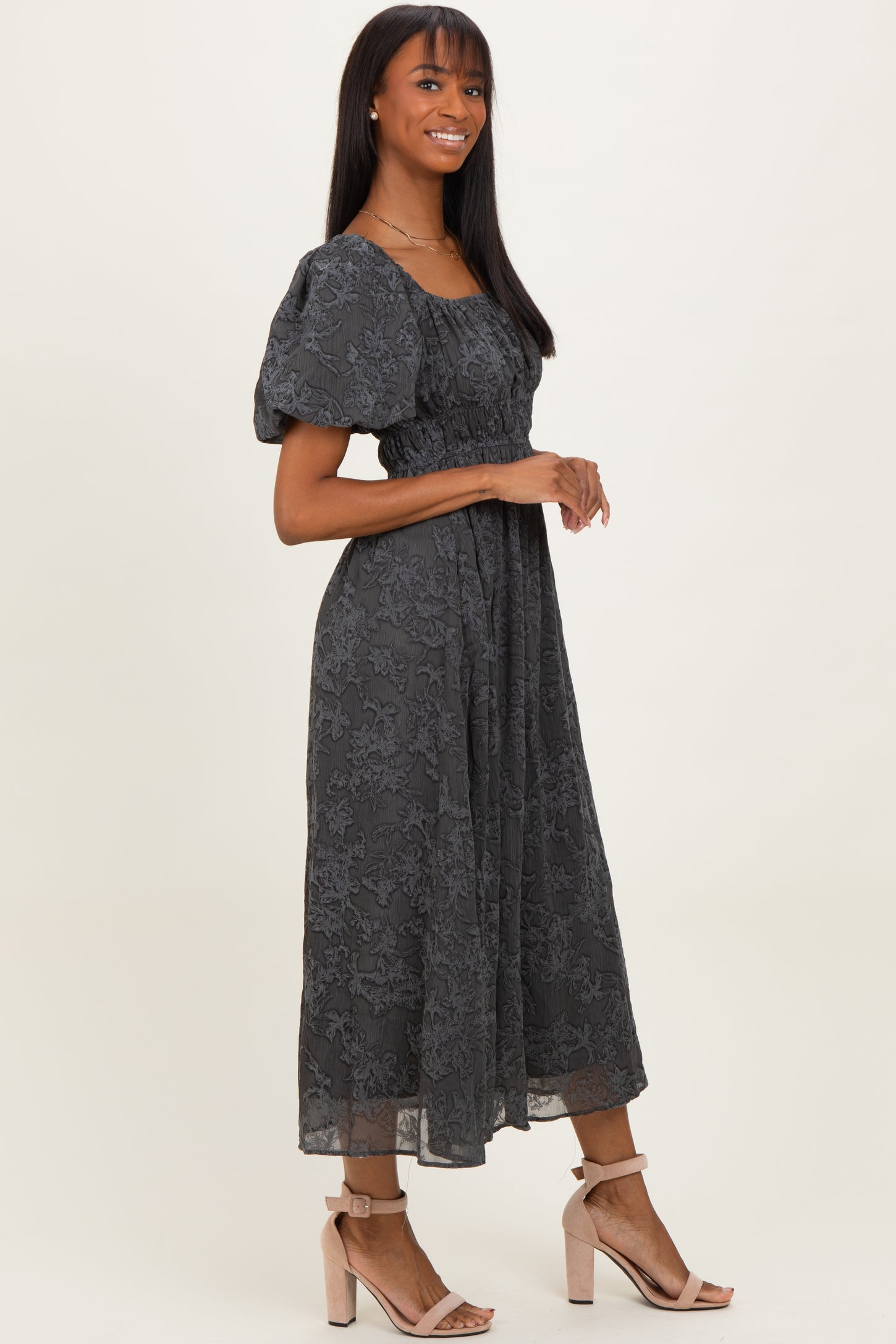 Charcoal Floral Square Neck Bubble Sleeve Mid Dress