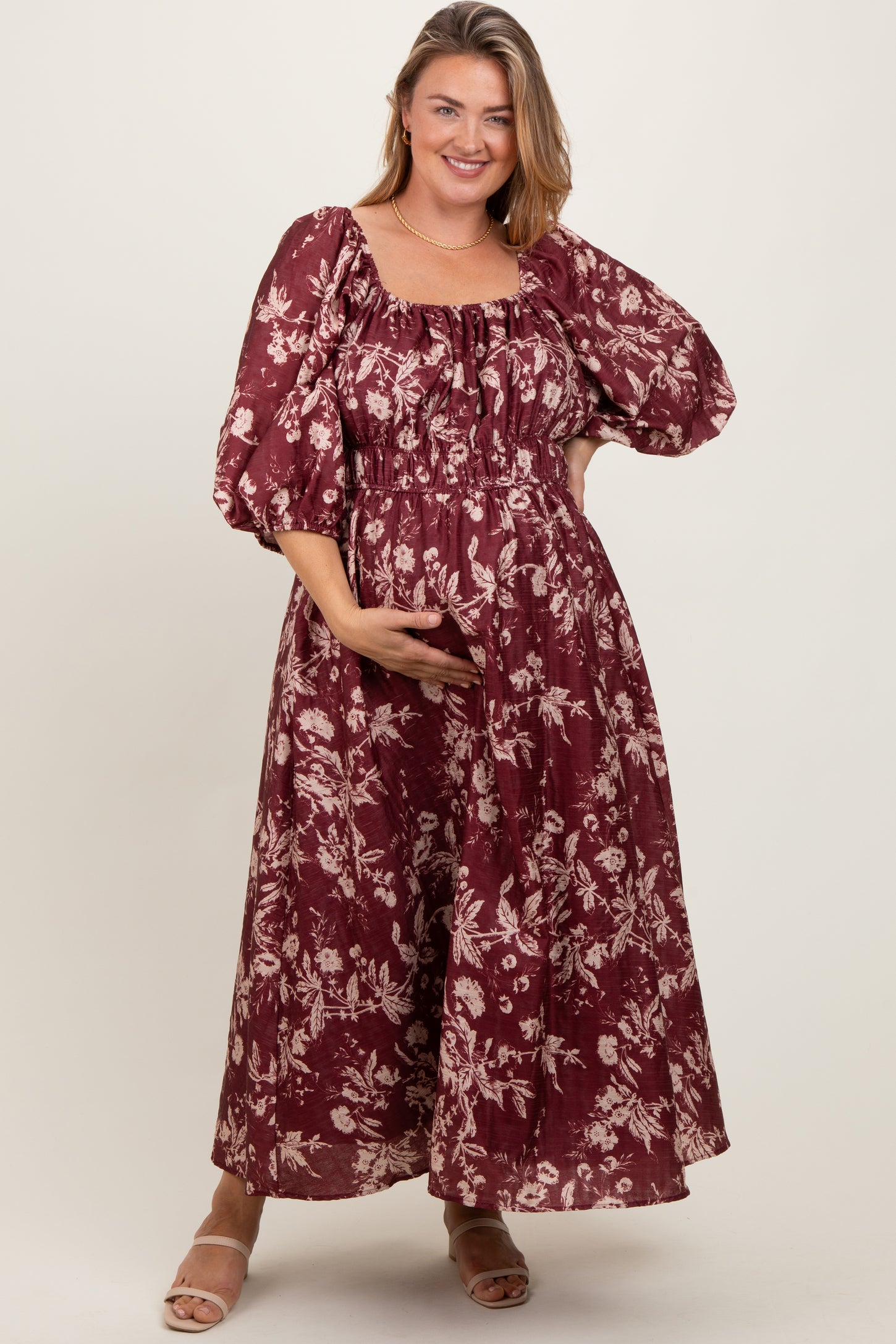 Burgundy Floral Textured Maternity Plus Midi Dress Burgundy Floral Textured Maternity Plus Midi Dress