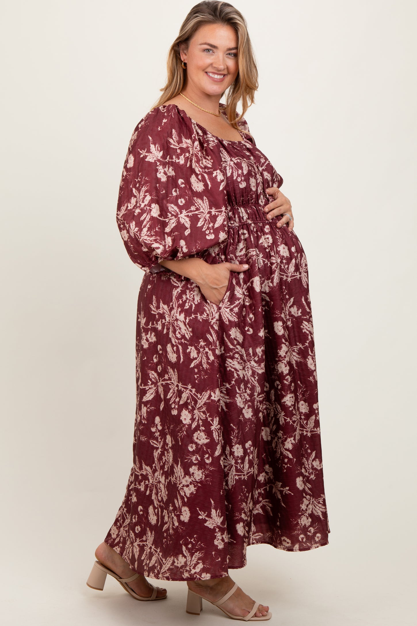 Burgundy Floral Textured Maternity Plus Midi Dress