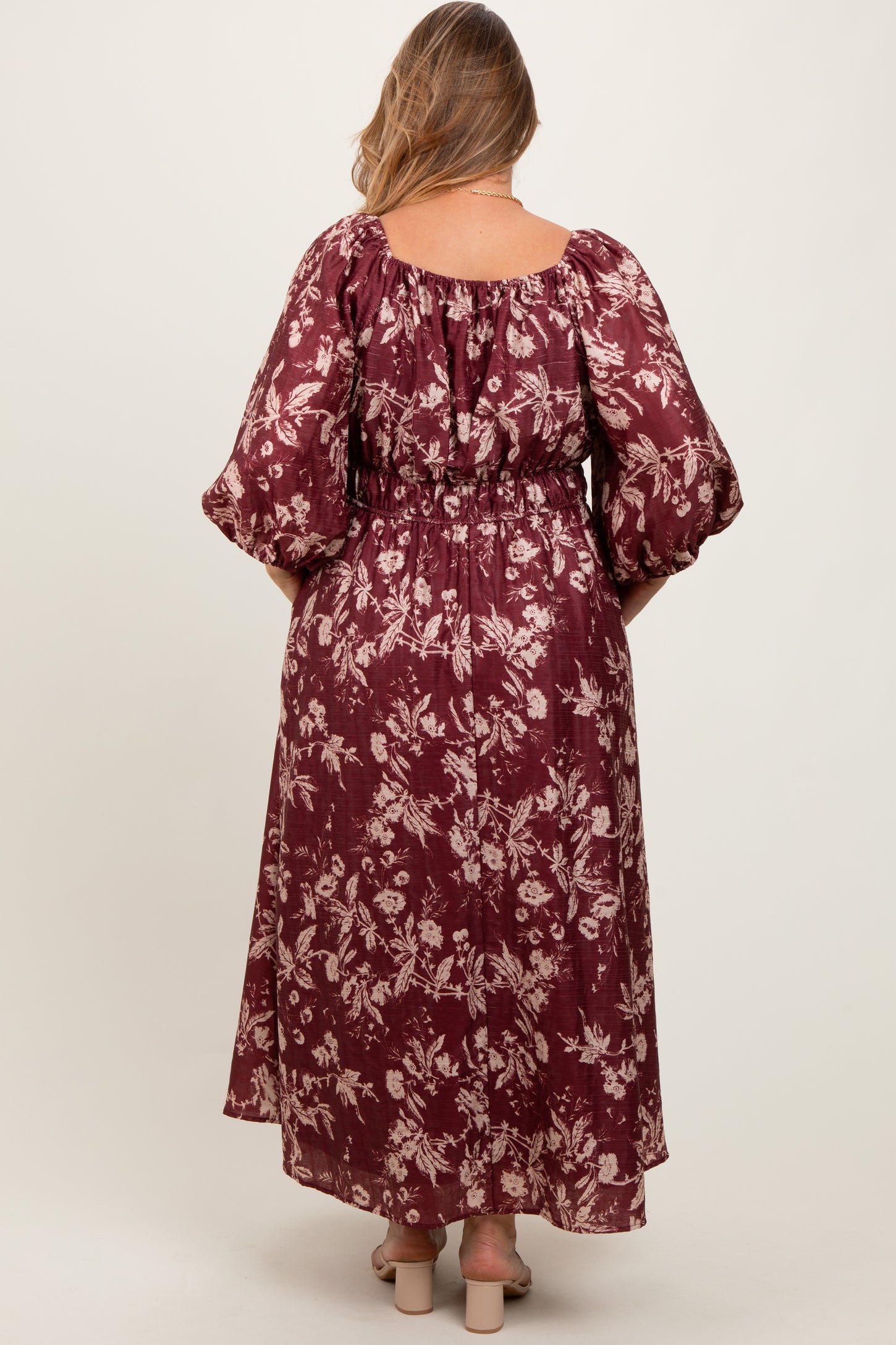 Burgundy Floral Textured Maternity Plus Midi Dress