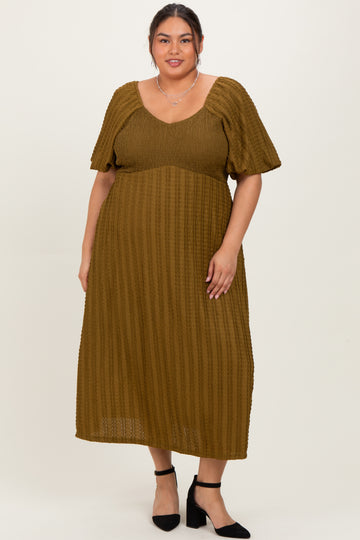 Olive Smocked V-Neck Short Puff Sleeve Textured Plus Midi Dress