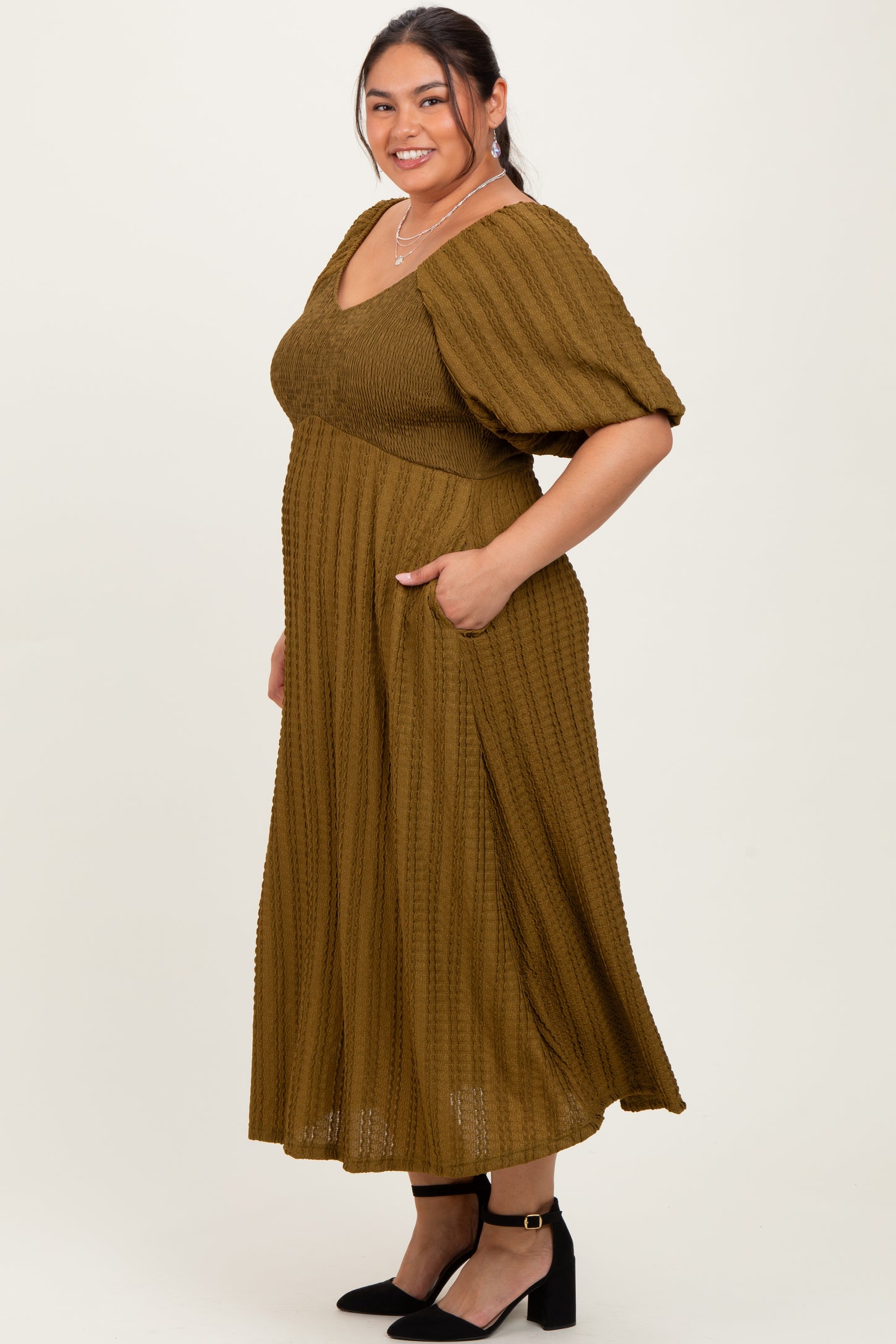 Olive Smocked V-Neck Short Puff Sleeve Textured Plus Midi Dress