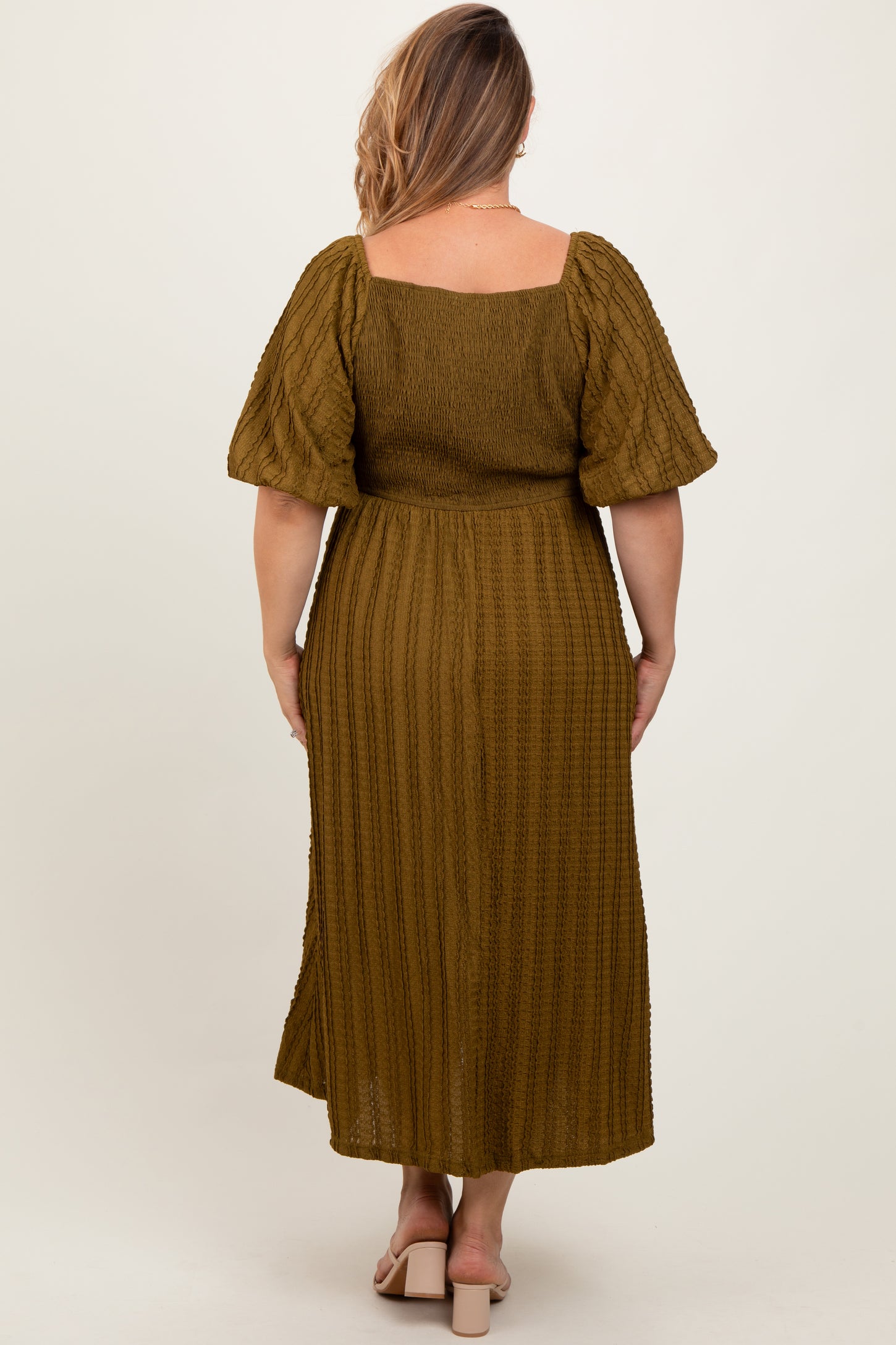 Olive Smocked V-Neck Short Puff Sleeve Textured Maternity Plus Midi Dress