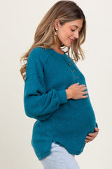 Teal Oversized Ribbed Knit Henley Maternity Sweater