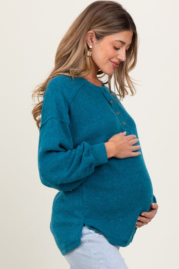 Teal Oversized Ribbed Knit Henley Maternity Sweater