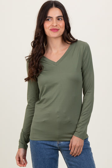 Olive Brushed Knit V-Neck Long Sleeve Top