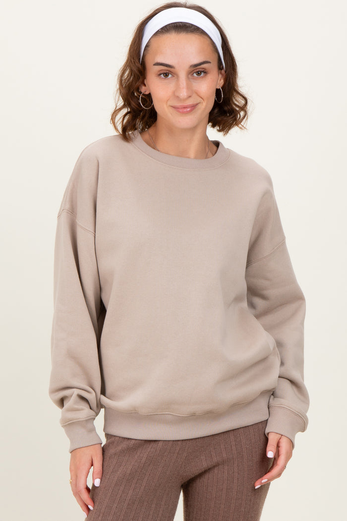 Beige Basic Fleece Crewneck Maternity Sweatshirt