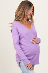 Lilac Front Seam V-Neck Side Slit Maternity Sweater