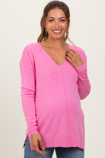 Pink Coral Front Seam V-Neck Side Slit Maternity Sweater