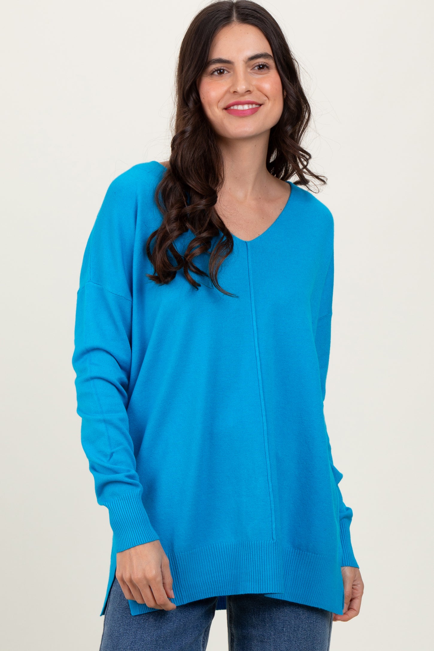 Aqua Front Seam V-Neck Side Slit Sweater