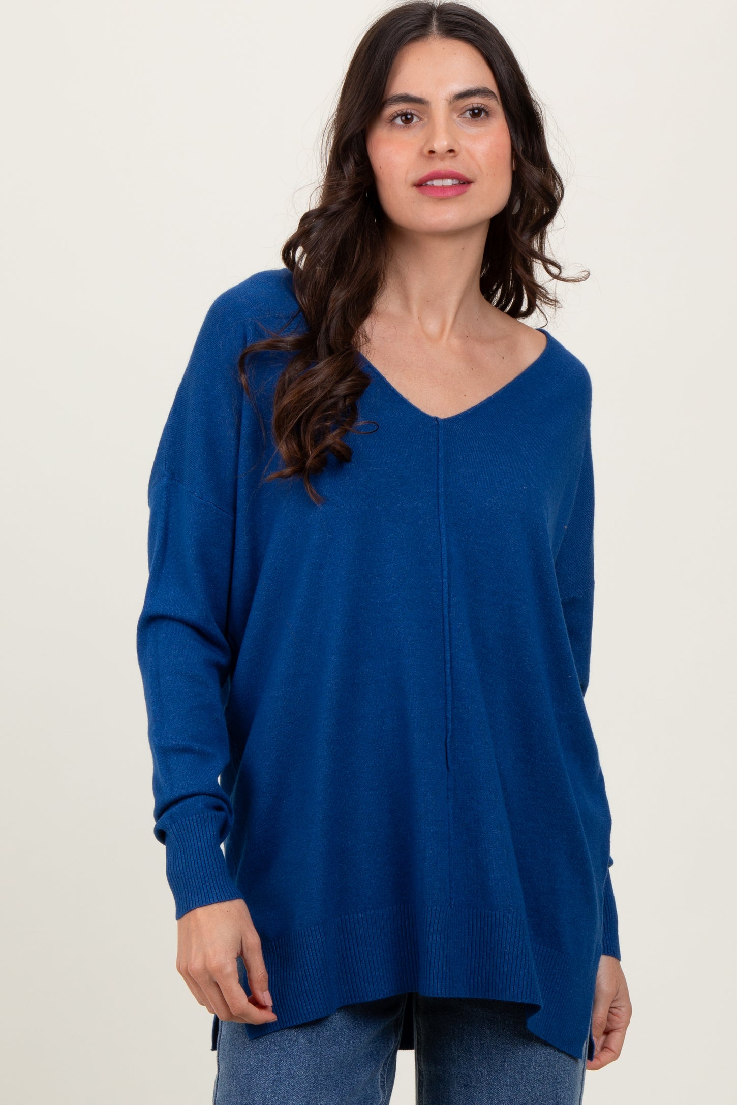 Navy Front Seam V-Neck Side Slit Maternity Sweater