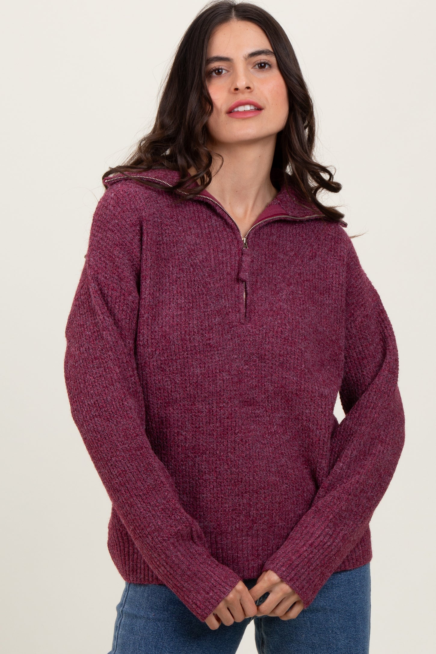 Burgundy Half Zip Maternity Pullover Sweater