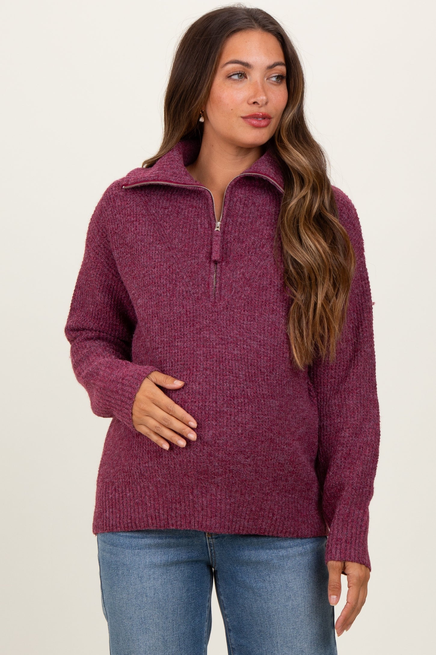 Burgundy Half Zip Maternity Pullover Sweater