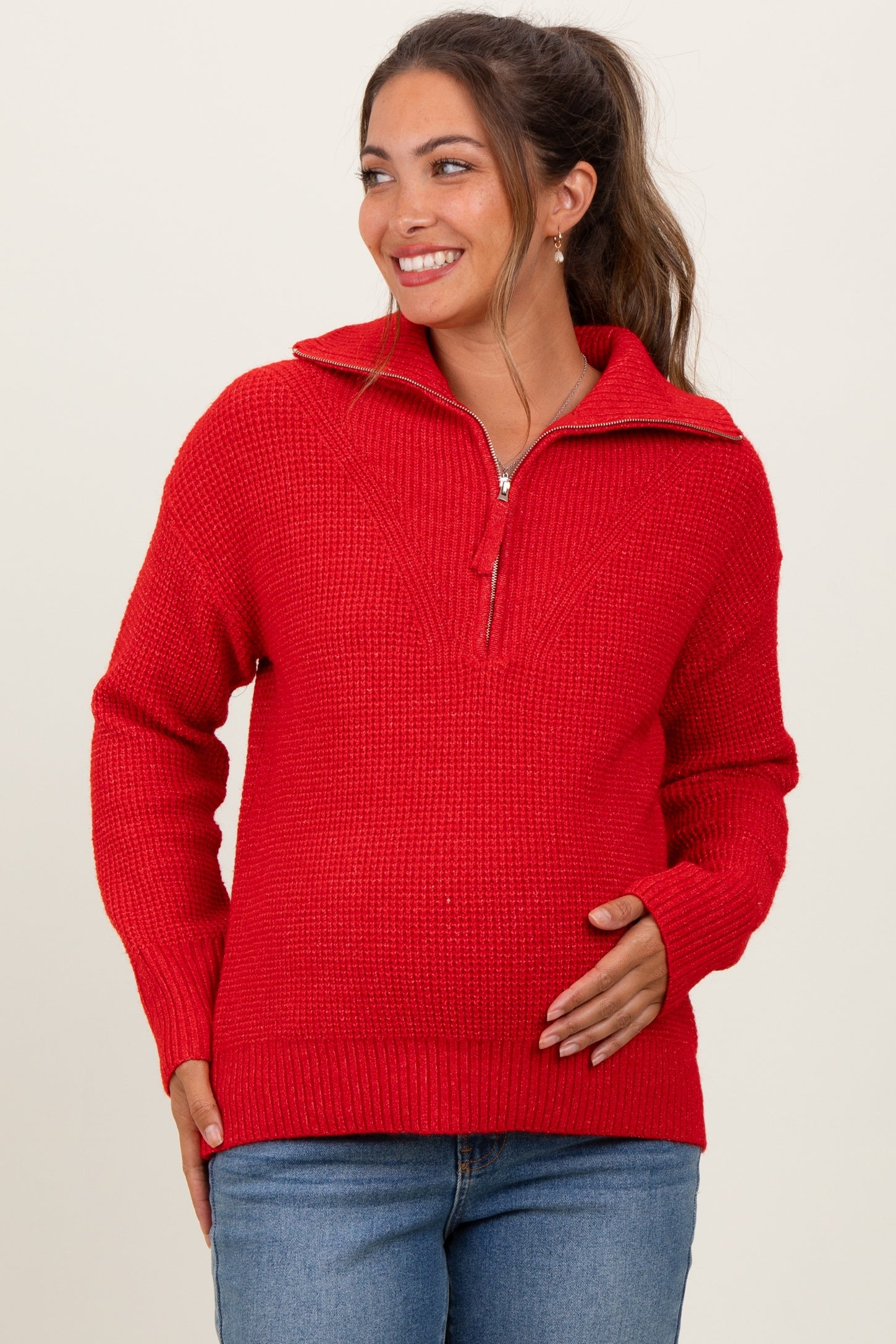 Red Half Zip Maternity Pullover Sweater