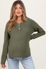 Light Olive Diamond Knit Button Detail Maternity Sweater