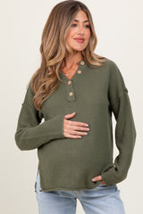 Light Olive Diamond Knit Button Detail Maternity Sweater