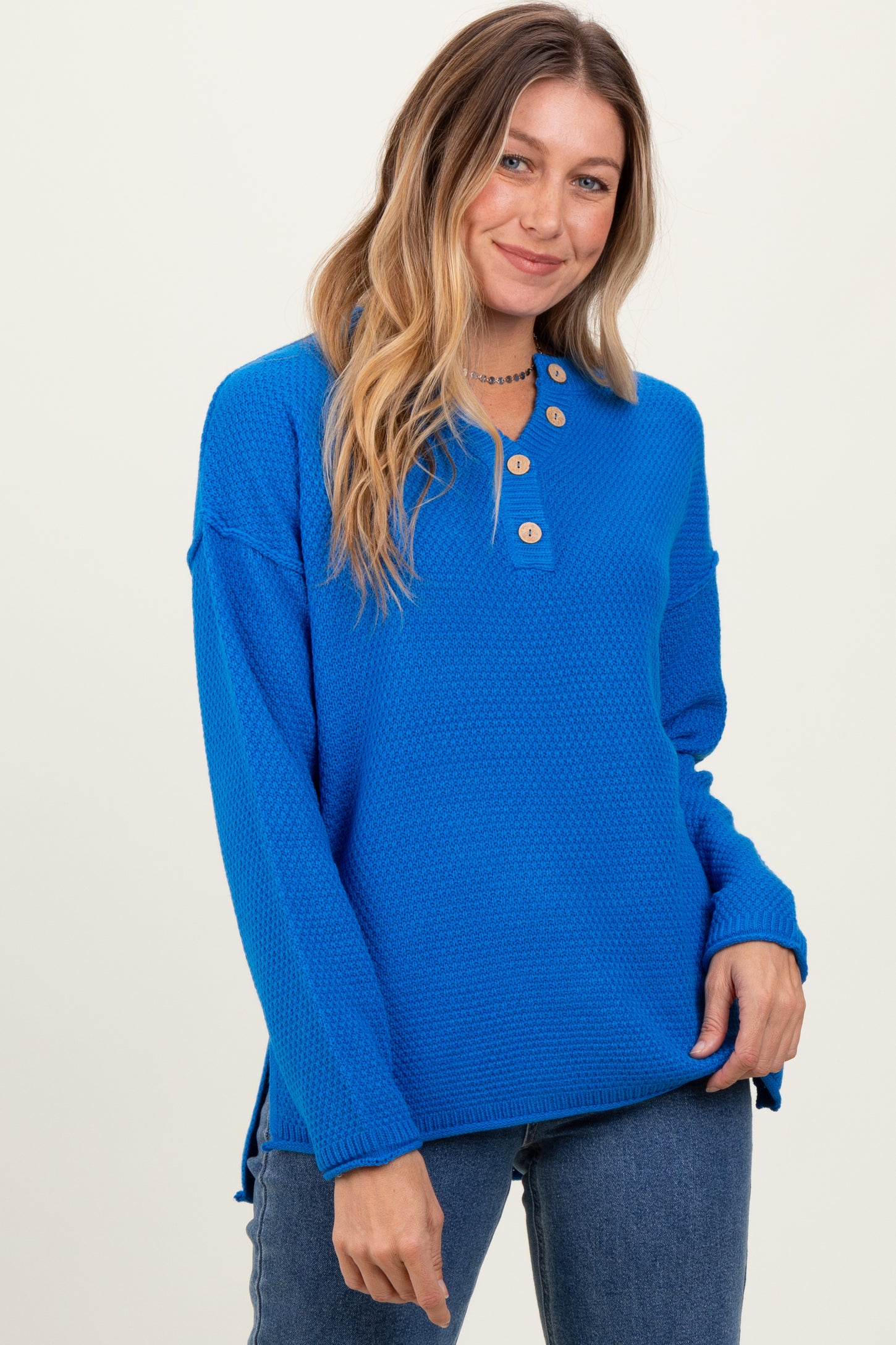 Blue Diamond Knit Button Detail Sweater