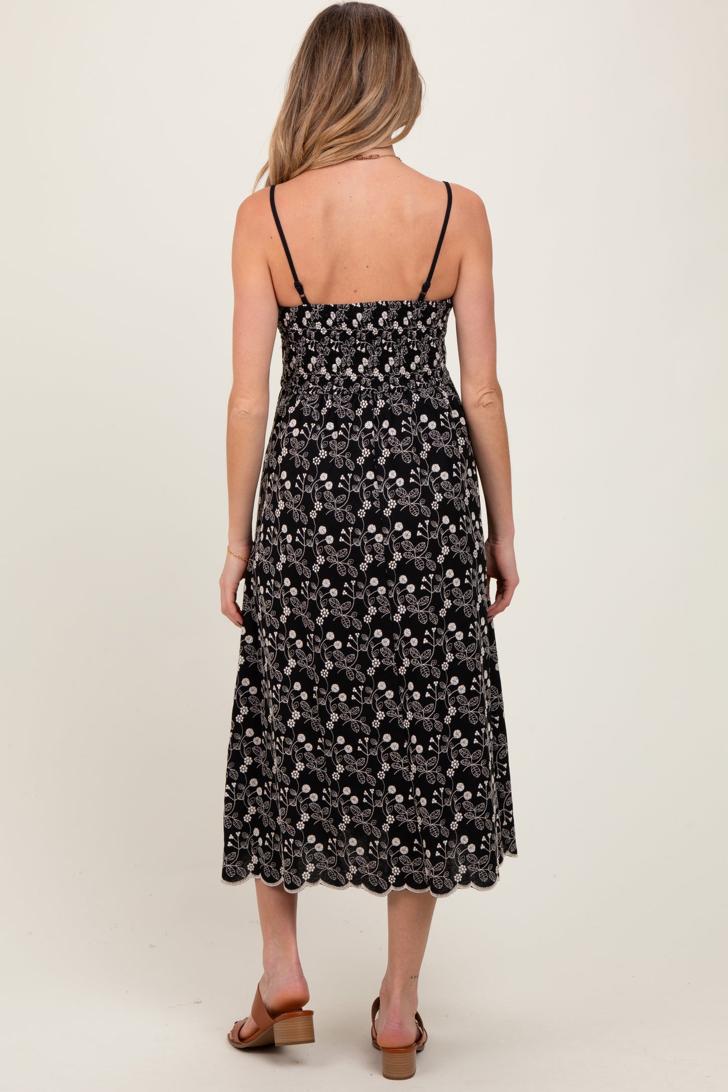 Black Floral Embroidered Scallop Detail Maternity Midi Dress
